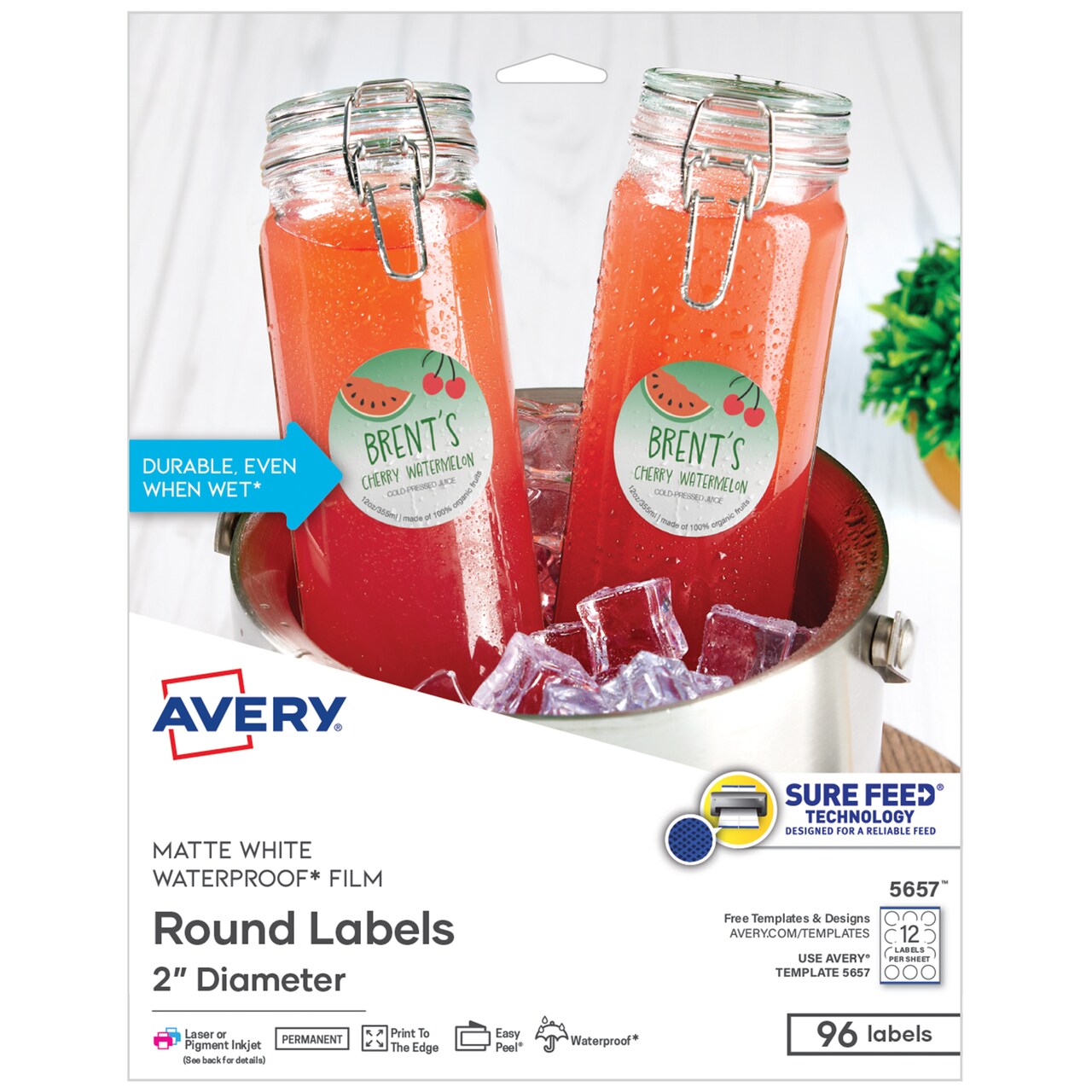 Avery Durable Waterproof Labels with Sure Feed Technology, 2" Diameter, Matte White, Laser & Pigment-Inkjet, 96 Printable Labels (5657)